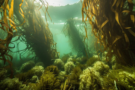 close-up of kelp forest, with swaying fronds and underwater plants, created with generative aiの素材
