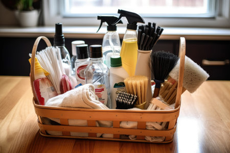 a basket filled with cleaning supplies and tools, ready to be used, created with generative aiの素材