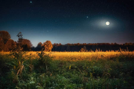 starry night sky with the harvest moon shining bright, created with generative aiの素材