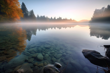 crystal clear lake, with view of the sunrise and mist floating on the water, created with generative aiの素材