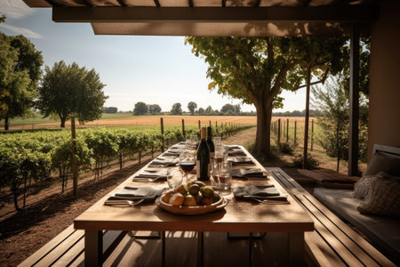 al fresco dining with view of sprawling vineyard or orchard, created with generative aiの素材