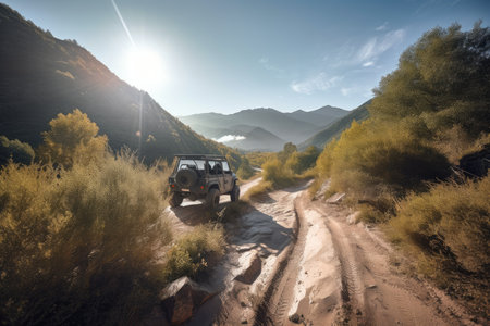 off-road vehicle in the middle of a challenging off-road trail with stunning scenery, created with generative aiの素材