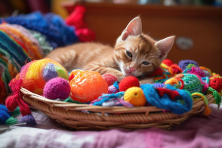newborn kitten sleeping in basket, surrounded by colorful toys, created with generative aiの素材