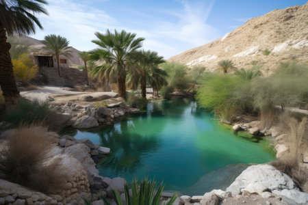 oasis with crystal-clear springs, surrounded by desert landscape, created with generative aiの素材