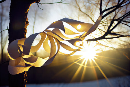 paper streamer draped over tree branch, with sun shining through, created with generative aiの素材