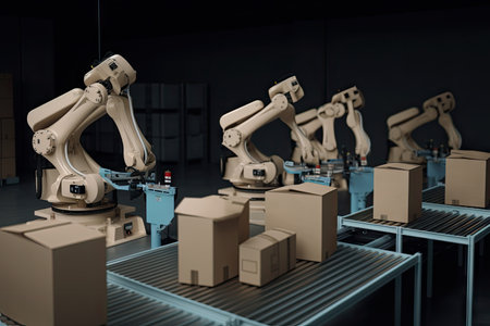 packaging and sorting robot, in motion, sorting packages into different bins, created with generative aiの素材