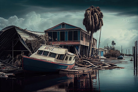 tropical cyclone bringing destruction to coastal city, with boats and docks destroyed by storm surge, created with generative aiの素材