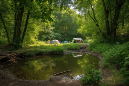 campsite with lush green trees and a nearby stream, created with generative aiの素材