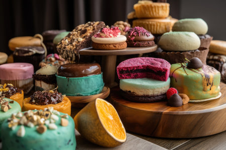 a display of colorful and decadent gluten-free and vegan baked treats, created with generative aiの素材