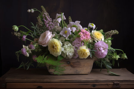 pastel flower arrangement in rustic wooden vase, created with generative aiの素材
