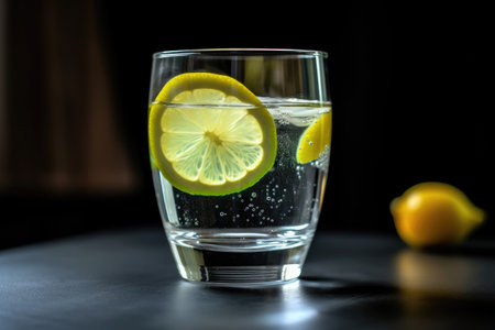 glass of water with slice of lemon and lime floating on top, created with generative aiの素材