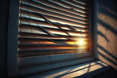 serene sunrise, with rays of sun shining through cracks in the window blinds, created with generative aiの素材