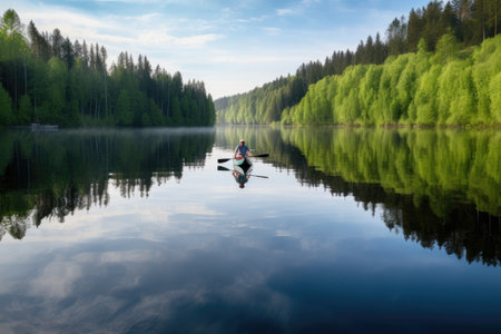 canoeist paddling through calm lake, with reflections visible on the water, created with generative aiの素材