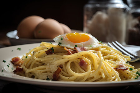 close-up of plate of spaghetti carbonara, with egg and bacon in the foreground, created with generative aiの素材