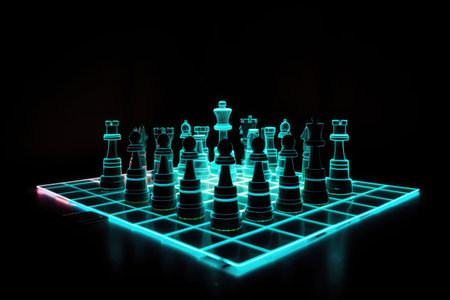 neon chessboard sitting on a black background, the neon chess pieces standing out against the dark, created with generative aiの素材