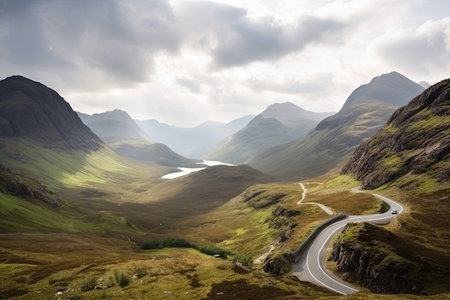 majestic mountains, with a winding road and scenic view, in the foreground, created with generative aiの素材