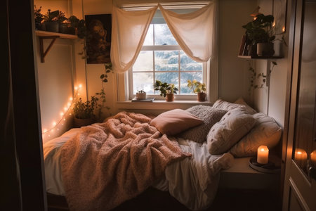 cozy bedroom, with plush blankets and cozy pillows, created with generative aiの素材