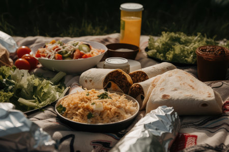 outdoor picnic with burrito, tacos, and nachos, created with generative aiの素材