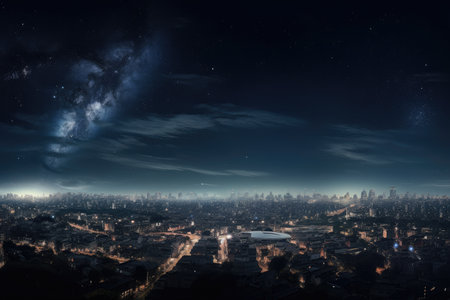 cityscape, with view of distant nebula in the background, created with generative aiの素材