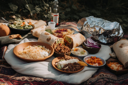 outdoor picnic with burrito, tacos, and nachos, created with generative aiの素材