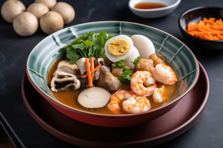 colorful plate of tom yum with shrimp, fish balls and mushrooms, created with generative aiの素材