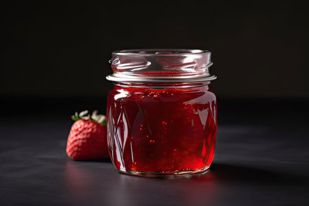 semi-transparent jam jar, filled with fresh and juicy strawberry preserves, created with generative aiの素材