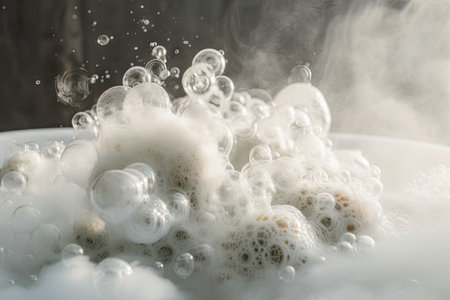 close-up of a bubble bath, overflowing with bubbles and steam, created with generative aiの素材