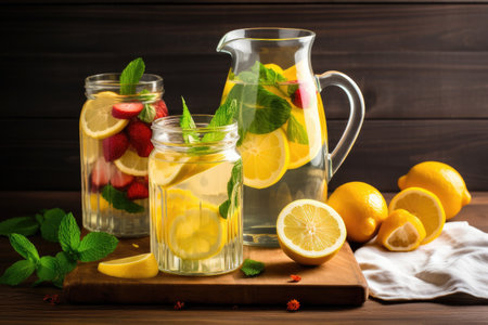 refreshing fruit-infused water with lemon and mint, created with generative aiの素材