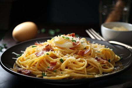 plate of spaghetti carbonara with eggs, bacon, and cheese, created with generative aiの素材