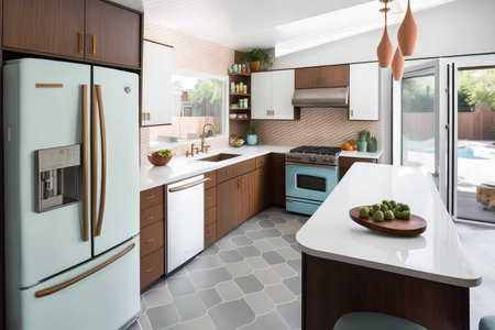 mid-century modern kitchen, with sleek countertops and built-in appliances, created with generative aiの素材