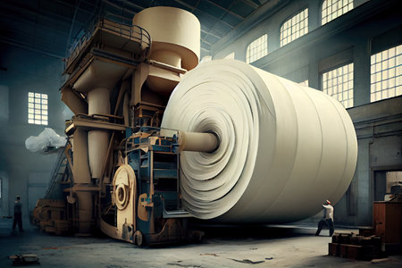 pulp and paper factory, with huge machines churning out rolls of paper, created with generative aiの素材