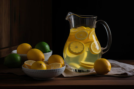 refreshing pitcher of freshly squeezed lemon water with slices of fruit for a touch of flavor, created with generative aiの素材