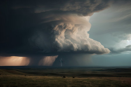 view of storm cloud with lighting and thunder visible, in dramatic tornado-prone landscape, created with generative aiの素材