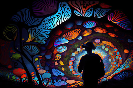 person, enjoying magic mushroom trip, with visuals of swirling colors and shapes, created with generative aiの素材