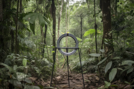 metal detector frame in the middle of dense jungle, with wildlife in the background, created with generative aiの素材