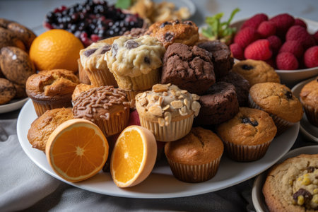 plate of gluten-free and vegan muffins, rolls, and pastries for breakfast or brunch, created with generative aiの素材