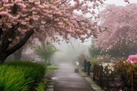 cherry blossom garden, with blooming trees surrounded by misty morning fog, created with generative aiの素材