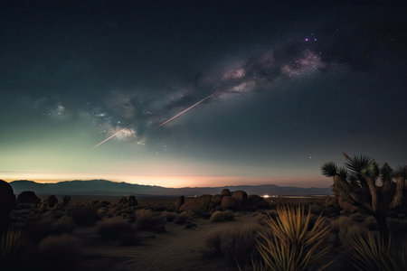 night sky with shooting stars, over deserted desert landscape, created with generative aiの素材