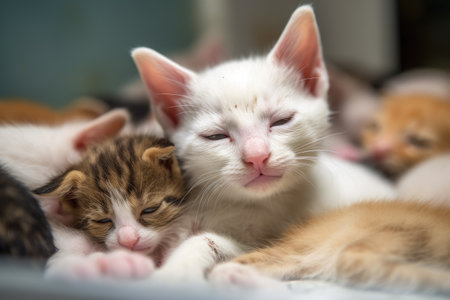 newborn kitten surrounded by littermates, their eyes still closed, created with generative aiの素材