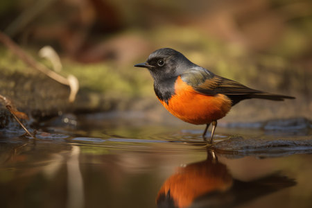 male redstart bird hunting for food in marshy area, created with generative aiの素材