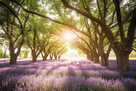 lavender field filtered through a canopy of trees, with the sunlight filtering through, created with generative aiの素材