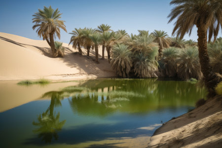 oasis with clear blue water, surrounded by dunes and palm trees, created with generative aiの素材