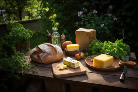 freshly baked loaf of bread, butter and cheese on wooden table in the garden, created with generative aiの素材
