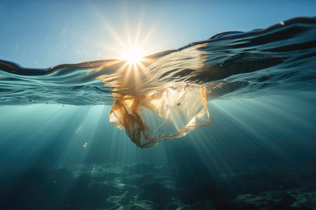 close-up of plastic bag floating in the ocean, with sunlight peering through, created with generative aiの素材
