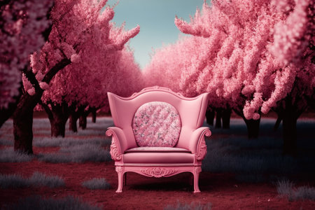 pink armchair surrounded by blooming cherry blossom trees in full bloom, created with generative aiの素材