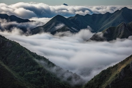 majestic mountain range, with clouds hanging low and fog drifting in the valley, created with generative aiの素材