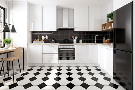 minimalist kitchen with sleek, modern cabinets, stainless steel appliances and black & white tile floor, created with generative aiの素材