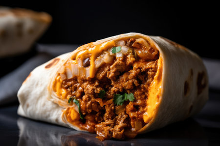 close-up of warm and gooey burrito, perfectly wrapped, created with generative aiの素材