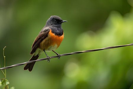 male redstart bird perched on wire, surrounded by lush greenery, created with generative aiの素材