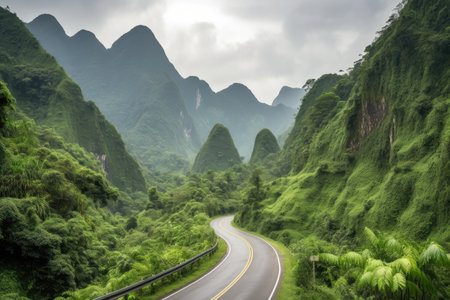 scenic highway with towering mountains in the background, surrounded by lush greenery, created with generative aiの素材